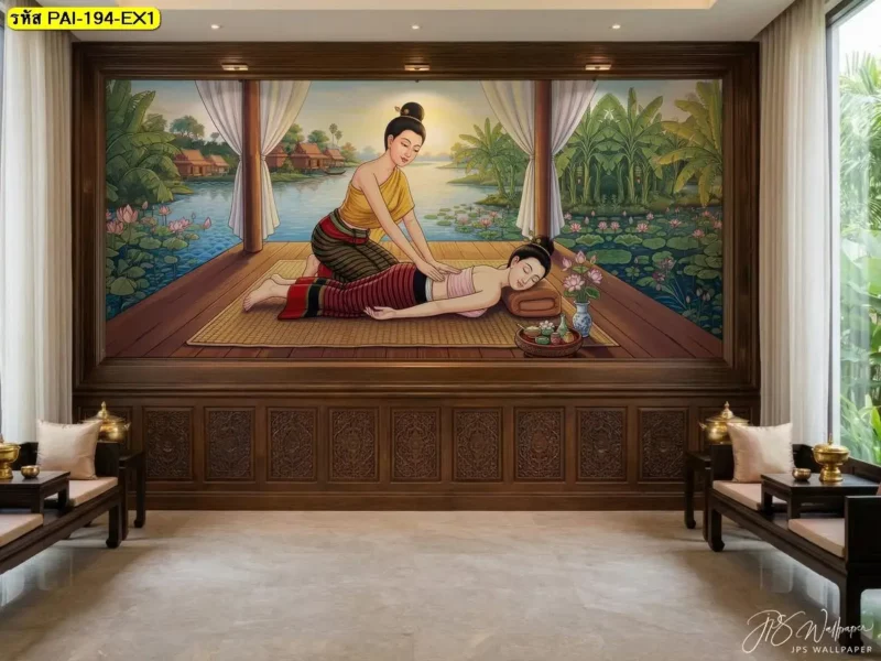วอลเปเปอร์ภาพท่านวดไทยท่านอนคว่ำ กดแนวหลังและเอว สำหรับตกแต่งผนังร้านนวดแผนโบราณ Decorsiam รับผลิตวอลเปเปอร์ให้เหมาะกับขนาดผนังที่ต้องการ