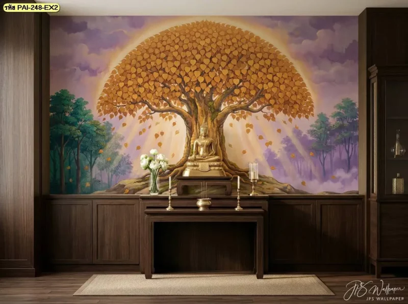 วอลเปเปอร์ห้องพระลายต้นโพธิ์สำหรับผนังหลังหิ้งพระ เน้นภาพกิ่งและใบโพธิ์เป็นจุดหลัก เหมาะกับการจัดองค์ประกอบของห้องพระภายในบ้าน