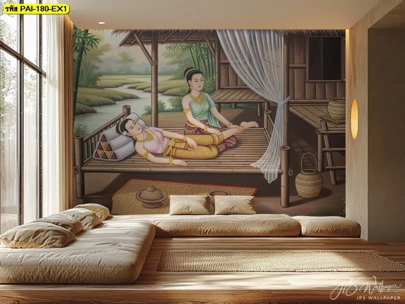 วอลเปเปอร์ศิลปะการนวดไทยที่นำเสนอรายละเอียดของท่าทางการนวด เหมาะสำหรับใช้เป็นแนวทางเลือกภาพตกแต่งผนังร้านนวดและร้านสปาแบบไทย