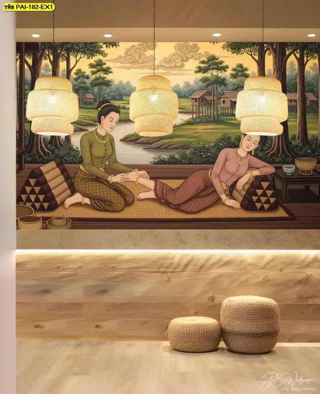 Thai massage wall decor ภาพศิลปะการนวดไทยสำหรับตกแต่งร้านสปา เลือกสั่งผลิตภาพตามแบบกับร้านผลิตวอลเปเปอร์ Decorsiam ให้สัมพันธ์กับพื้นที่