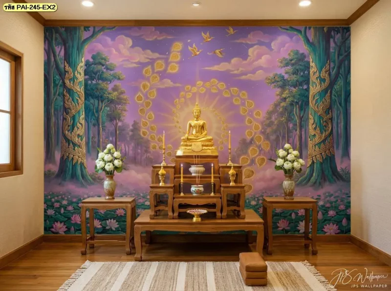 วอลเปเปอร์ใบโพธิ์ทองสำหรับพื้นที่นั่งสมาธิ จัดกลุ่มใบให้มีพื้นที่ว่างระหว่างลวดลาย พร้อมรับผลิตวอลเปเปอร์สำหรับผนังตามขนาดพื้นที่จริง

