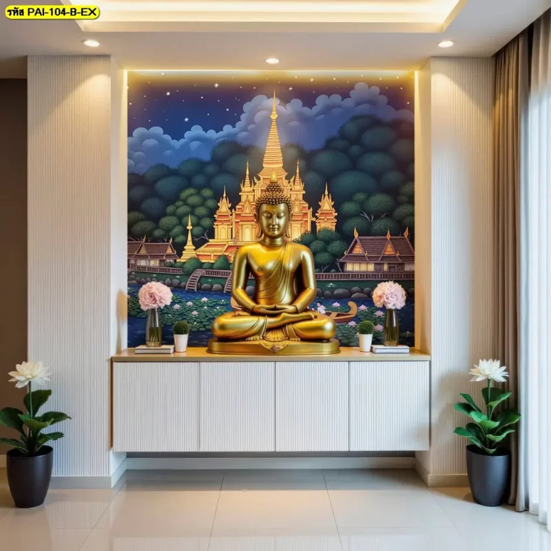 รับผลิตวอลเปเปอร์สำหรับ Bodhi leaf wall mural ที่ใช้ตกแต่งผนังห้องพระ วัด โบสถ์ และพื้นที่สมาธิ โดยจัดองค์ประกอบภาพตามขนาดของพื้นที่
