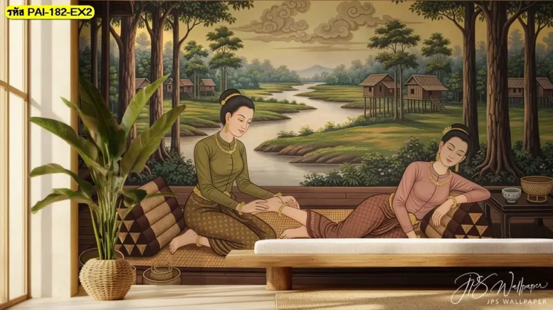 ภาพวาดหญิงไทยนวดแผนโบราณ สำหรับผนังร้านนวดที่ต้องการแสดงเอกลักษณ์ของบริการ พร้อมงานรับติดตั้งวอลเปเปอร์จาก Decorsiam ตามตำแหน่งที่กำหนด
