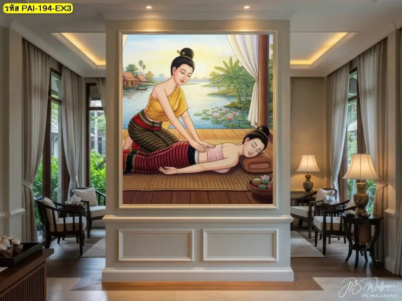 ร้านผลิตวอลเปเปอร์ Decorsiam รับผลิตภาพติดผนังร้านนวดไทย โดยเลือกภาพท่านวดไทยท่านอนคว่ำ กดแนวหลังและเอว เพื่อสื่อถึงรูปแบบบริการของร้านผ่านงานตกแต่งผนัง
