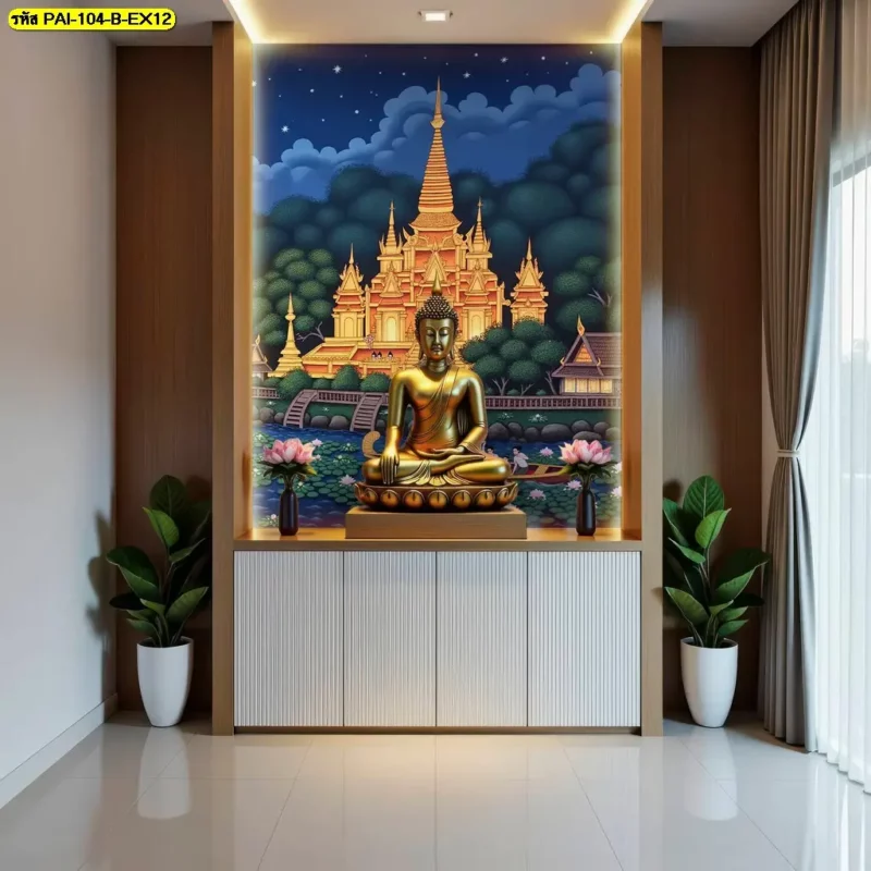 วอลเปเปอร์ลายใบโพธิ์ทองสำหรับผนังหลังพระพุทธรูป เน้นกลุ่มใบที่วางอยู่รอบพื้นที่หลัก พร้อมร้านผลิตวอลเปเปอร์สำหรับงานห้องพระและพื้นที่ทางศาสนา
