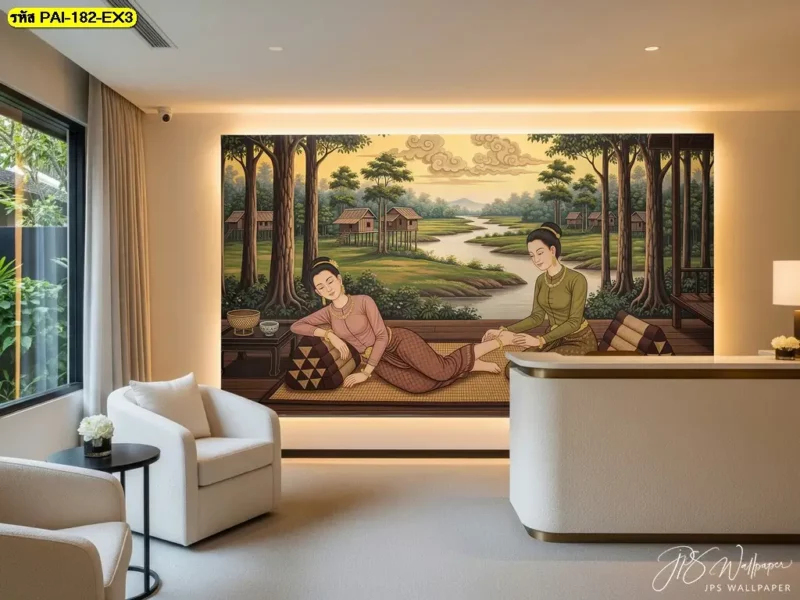 ภาพวาดหญิงไทยนวดแผนโบราณ สำหรับตกแต่งผนังบริเวณต้อนรับของร้านสปา สอบถามบริการจำหน่ายวอลเปเปอร์และผลิตตามแบบได้ที่ Decorsiam