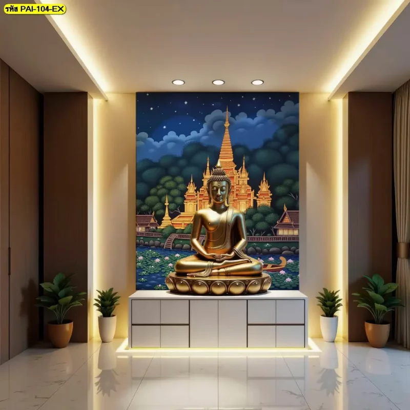 ภาพติดผนังลายใบโพธิ์ทองสำหรับห้องธรรมะ แสดงเส้นใบและกิ่งที่กระจายตามพื้นที่ พร้อมรับผลิตวอลเปเปอร์สำหรับผนังตามขนาดจริง
