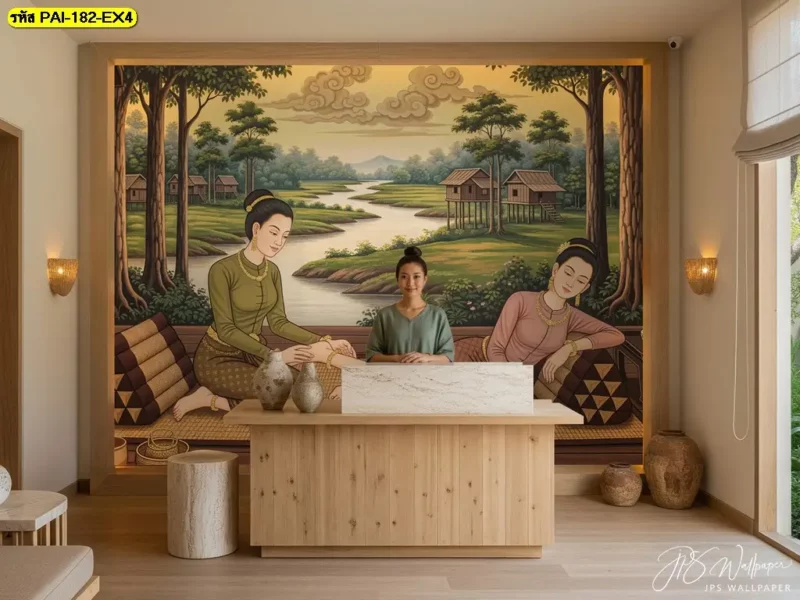 ภาพวาดหญิงไทยนวดแผนโบราณ เน้นตัวละครและท่วงท่าบนผนังตกแต่งร้านนวด พร้อมบริการรับผลิตวอลเปเปอร์จาก Decorsiam ตามขนาดพื้นที่ติดตั้ง