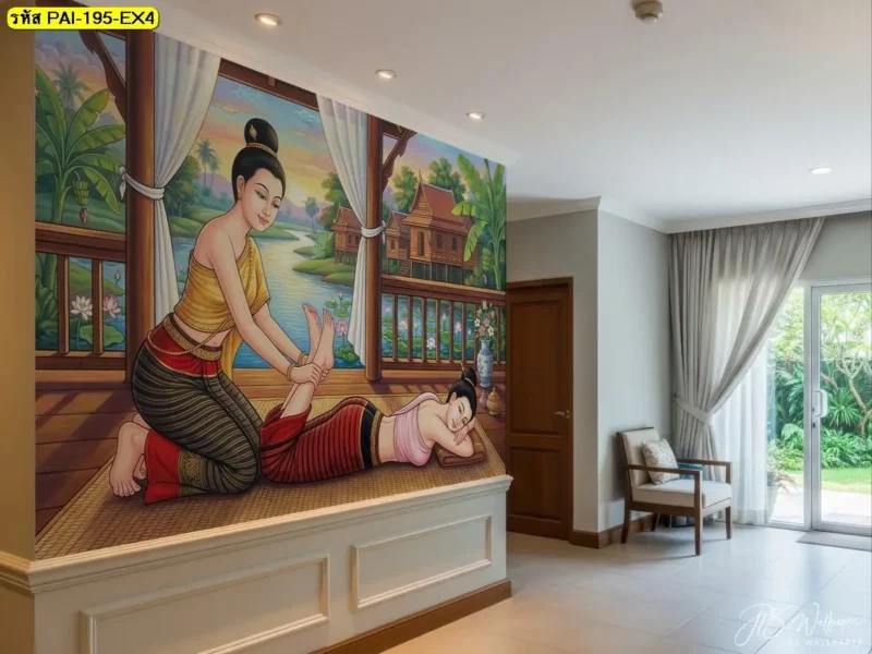 Traditional Thai massage mural featuring illustrated massage techniques, with custom wallpaper production and installation by Decorsiam