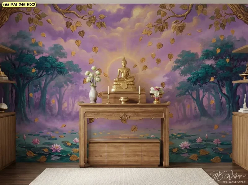 ภาพติดผนังลายใบโพธิ์ทองสำหรับสถานปฏิบัติธรรม เน้นกิ่งและใบที่กระจายตามผนัง พร้อมผลิตวอลเปเปอร์สำหรับพื้นที่ทางพระพุทธศาสนา
