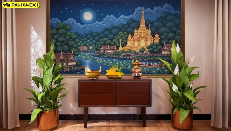 วอลเปเปอร์ลายใบโพธิ์ทองสำหรับผนังวัดและโบสถ์ แสดงกลุ่มใบและกิ่งที่วางตามแนวพื้นที่ พร้อมช่างติดตั้งวอลเปเปอร์มืออาชีพสำหรับงานติดตั้ง