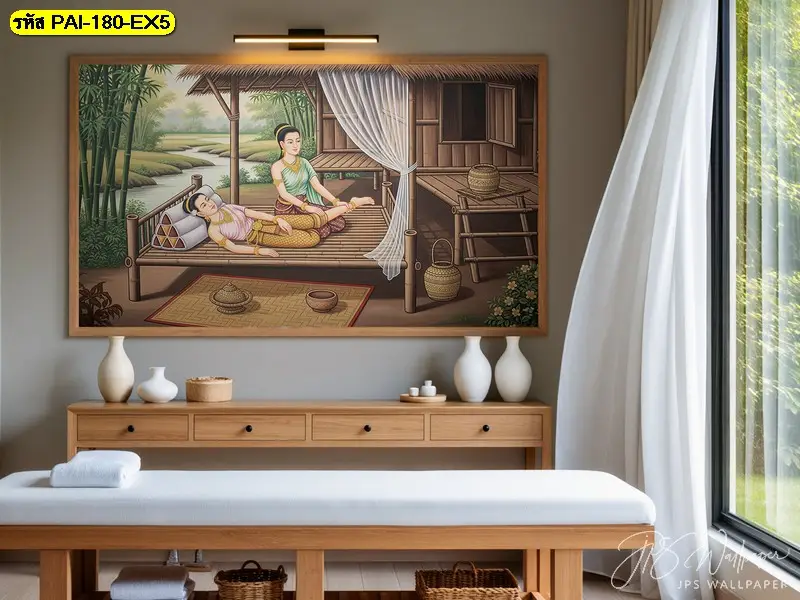 Thai spa wall mural ภาพตกแต่งผนังร้านสปาที่นำเสนอศิลปะการนวดไทยและองค์ประกอบของตัวแบบ เหมาะสำหรับค้นหาแนวภาพที่เข้ากับการตกแต่งร้าน