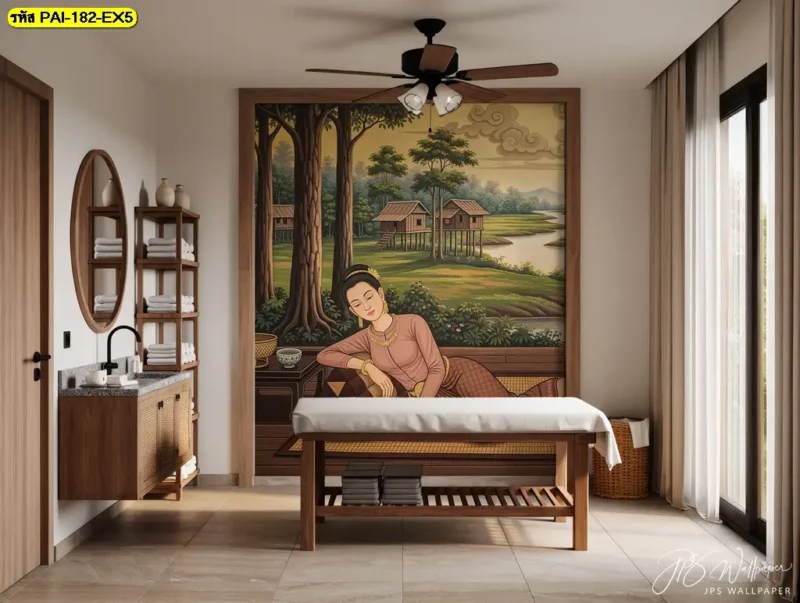 Thai massage wall decor ภาพศิลปะหญิงไทยนวดแผนโบราณสำหรับร้านสปาที่มีการตกแต่งร่วมสมัย โดยช่างติดตั้งวอลเปเปอร์มืออาชีพจาก Decorsiam