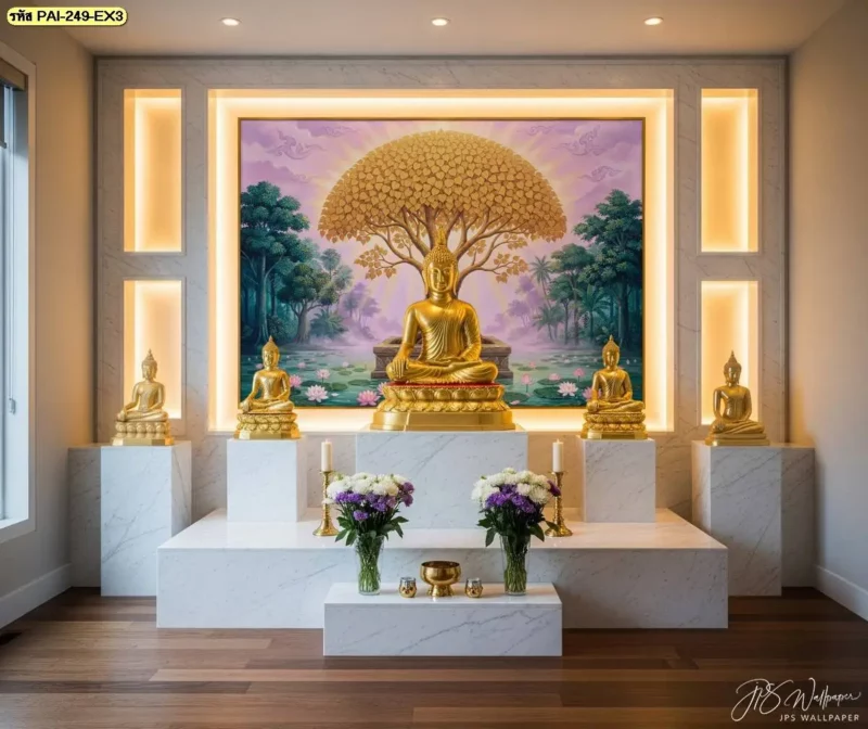 วอลเปเปอร์ติดผนังห้องพระลายต้นโพธิ์สำหรับพื้นที่ที่ต้องการภาพธรรมชาติในโทนทางศาสนา เหมาะกับผนังด้านหลังหิ้งพระและพื้นที่สมาธิ