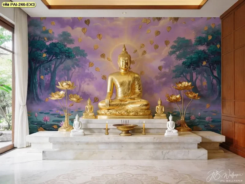 วอลเปเปอร์ลายใบโพธิ์ทองสำหรับผนังด้านหน้าพื้นที่บำเพ็ญศีล แสดงใบโพธิ์หลายขนาด พร้อมรับติดตั้งวอลเปเปอร์ตามรายละเอียดของสถานที่
