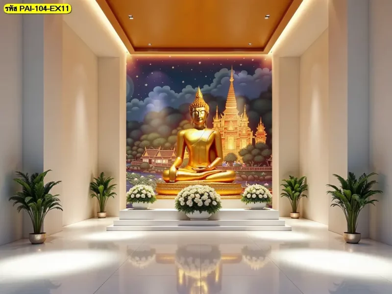 รับติดตั้งวอลเปเปอร์สำหรับ Bodhi leaf wall mural บริเวณผนังห้องธรรมะ โดยจัดแนวภาพใบโพธิ์ให้สัมพันธ์กับโครงสร้างและตำแหน่งของผนัง
