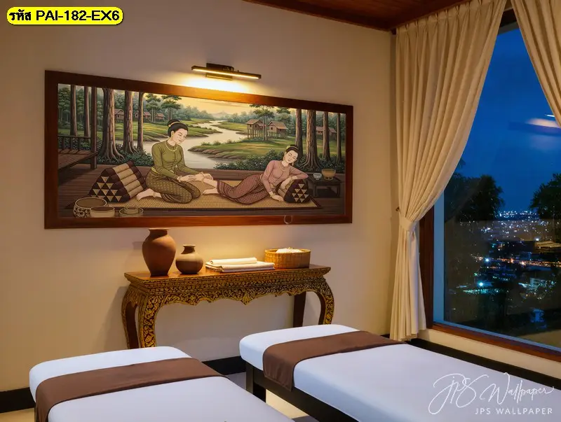 วอลเปเปอร์ร้านสปาไทย ลวดลายหญิงไทยนวดแผนโบราณสำหรับผนังหลังเตียงนวด สอบถามบริการจำหน่ายวอลเปเปอร์จาก Decorsiam เพื่อเลือกภาพให้เหมาะกับร้าน