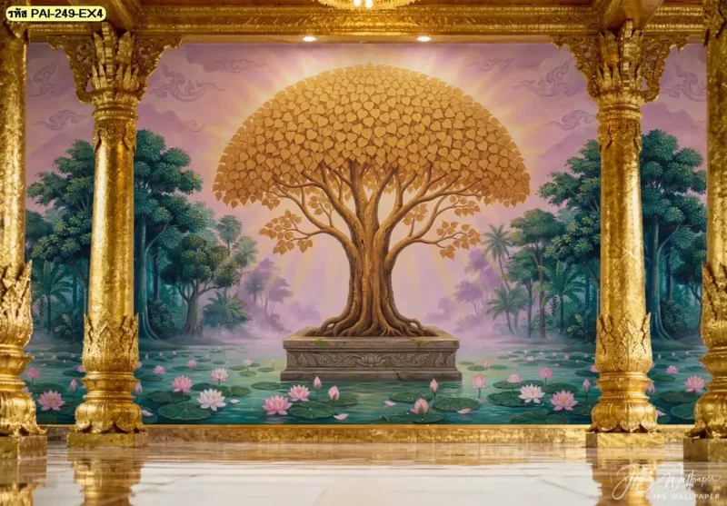 วอลเปเปอร์ห้องพระลายต้นโพธิ์สำหรับผนังขนาดเล็ก เน้นการเลือกภาพที่มีพื้นที่ว่างร่วมกับกิ่งและใบ เพื่อให้หิ้งพระยังคงเป็นจุดสำคัญของผนัง
