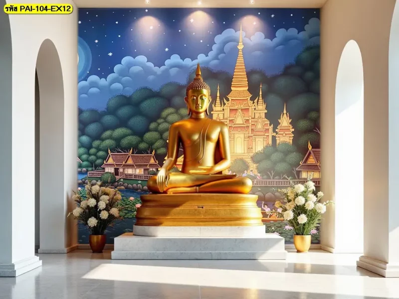 ภาพติดผนังลายใบโพธิ์ทองสำหรับพื้นที่นั่งสมาธิ แสดงรูปทรงใบโพธิ์และระยะว่างของภาพ พร้อมจำหน่ายวอลเปเปอร์สำหรับพื้นที่ทางพระพุทธศาสนา
