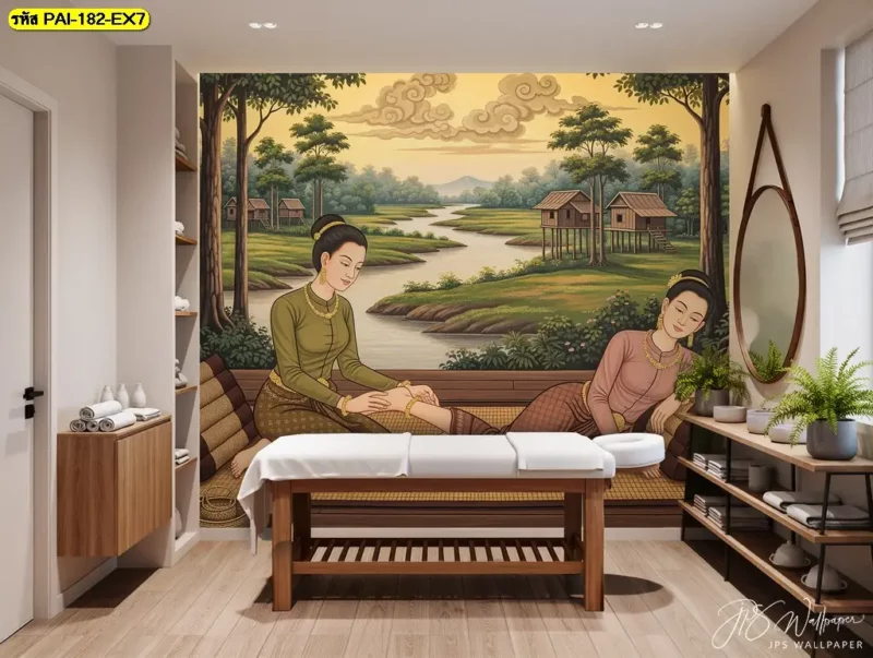 Thai massage wall decor ภาพหญิงไทยนวดแผนโบราณสำหรับตกแต่งร้านนวดและสปา เลือกภาพให้เข้ากับผนัง พร้อมบริการรับผลิตวอลเปเปอร์จาก Decorsiam