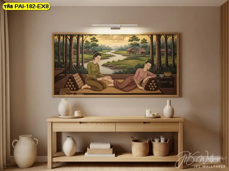 วอลเปเปอร์ภาพนวดแผนไทย เน้นรายละเอียดท่าทางและตำแหน่งมือของผู้ให้บริการนวด สำหรับร้านนวดที่ต้องการภาพติดผนังจาก Decorsiam