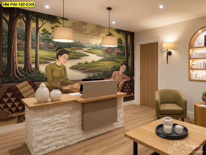 ภาพวาดหญิงไทยนวดแผนโบราณ สำหรับผนังร้านนวดที่เน้นบริการแผนไทย เลือกสั่งผลิตภาพตามแบบและขนาดกับ Decorsiam ร้านผลิตวอลเปเปอร์