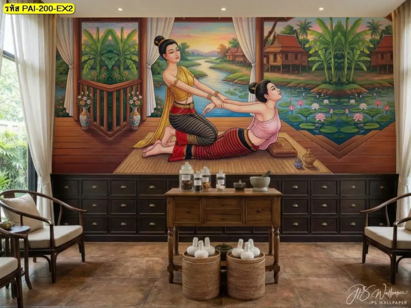 Thai traditional spa mural wallpaper featuring traditional Thai massage poses for spa interiors and massage shops, with detailed body positions and a cultural art style