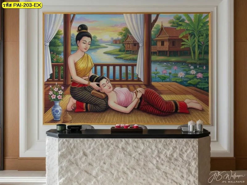 ภาพท่าคลายคอและบ่า สำหรับตกแต่งผนังร้านนวดไทยที่ต้องการสื่อถึงรายละเอียดท่าทางการนวด Decorsiam รับผลิตวอลเปเปอร์ตามแบบและขนาดพื้นที่จริง
