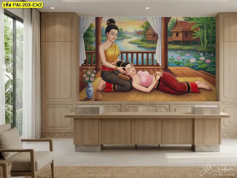 Thai massage treatment wall mural showing traditional massage techniques for spa interiors, available through Decorsiam, a wallpaper supplier for business spaces.