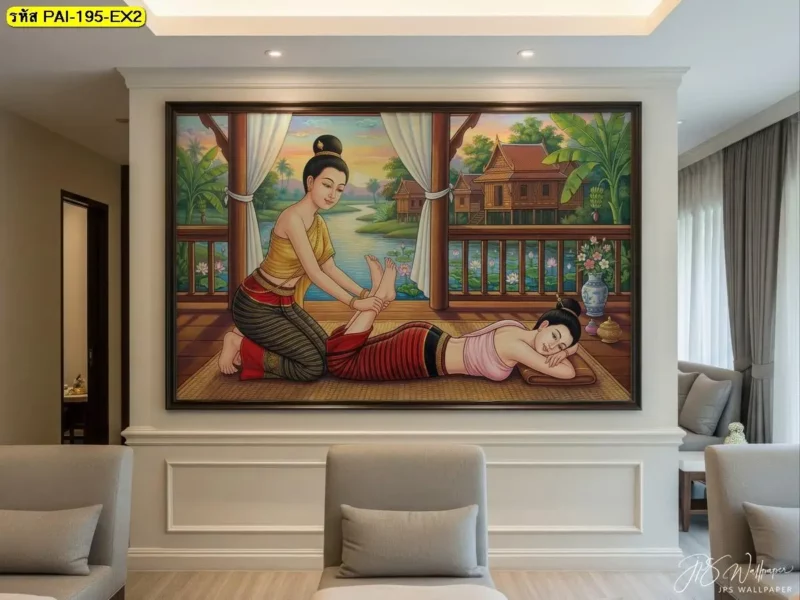ภาพวาดท่านวดไทยสำหรับตกแต่งผนังร้านนวดแผนโบราณ จัดองค์ประกอบให้เหมาะกับพื้นที่ก่อนสั่งผลิตวอลเปเปอร์จาก Decorsiam