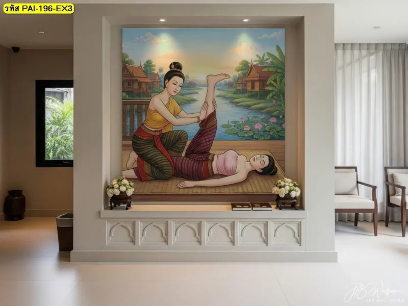 ภาพวาดศิลปะการนวดแผนไทยบนผนังร้าน เลือกสัดส่วนตัวแบบให้สัมพันธ์กับความกว้างของพื้นที่ด้วยบริการ Decorsiam



Traditional Thai massage illustration wall mural for spa interiors, with made-to-measure wallpaper services from Decorsiam