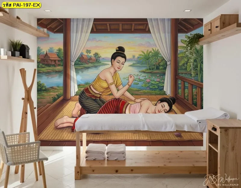 วอลเปเปอร์ลายท่านวดไทยโบราณ สำหรับผนังร้านนวดที่ต้องการนำเสนอท่าทางการนวดผ่านภาพศิลปะ Decorsiam จำหน่ายวอลเปเปอร์สำหรับตกแต่งพื้นที่บริการ