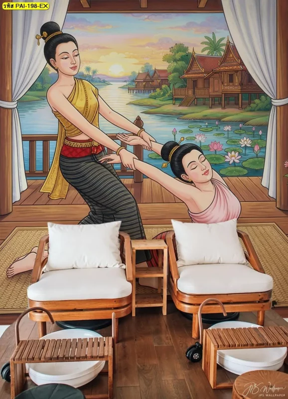 Decorsiam ให้บริการรับผลิตวอลเปเปอร์สำหรับร้านนวดแผนไทยและสปา โดยใช้ขนาดพื้นที่จริงประกอบการวางแผนภาพก่อนเริ่มขั้นตอนการผลิต