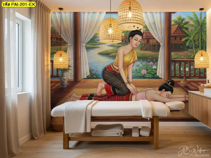 ร้านผลิตวอลเปเปอร์ Decorsiam นำเสนอภาพท่านวดแผนโบราณสำหรับร้านนวดไทย ภาพติดผนังแสดงรายละเอียดท่าทางการนวดเพื่อใช้ประกอบการตกแต่งพื้นที่ให้บริการ