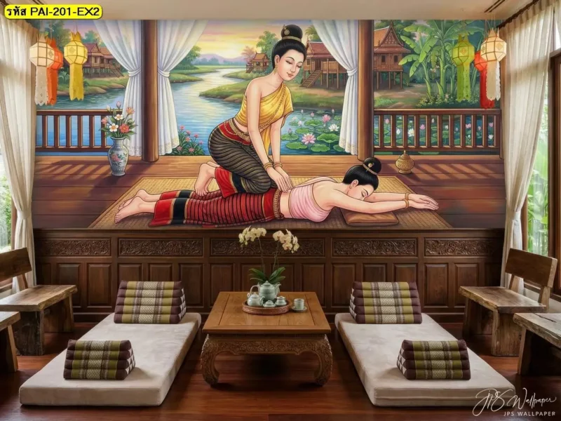 วอลเปเปอร์ท่านวดไทยแสดงการกดแนวหลังและเอวในท่านอนคว่ำ เหมาะกับผนังร้านนวดแผนไทย Decorsiam ร้านขายวอลเปเปอร์รับผลิตภาพตามรูปแบบที่ลูกค้าเลือก