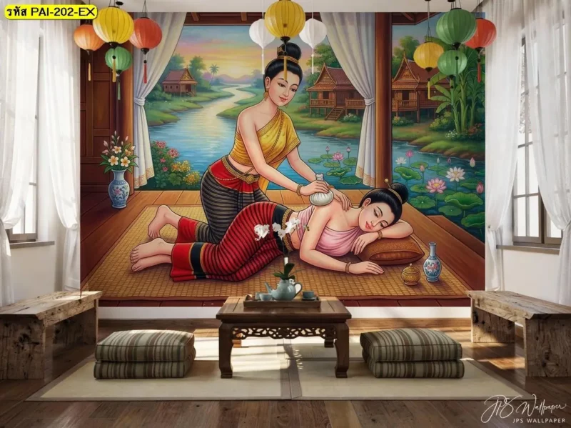 Decorsiam รับผลิตวอลเปเปอร์ภาพท่านวดแผนโบราณตามขนาดพื้นที่จริง โดยสามารถเลือกภาพท่านอนคว่ำ กดแนวหลังและเอว ให้เหมาะกับตำแหน่งผนังภายในร้านนวดไทย
