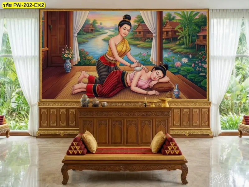 ภาพท่านวดไทยท่านอนคว่ำ กดแนวหลังและเอว สำหรับตกแต่งร้านนวดและสปา เลือกวอลเปเปอร์ภาพท่านวดแผนโบราณจาก Decorsiam พร้อมบริการติดตั้งวอลเปเปอร์