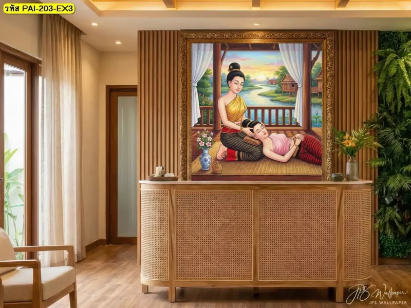 Thai massage treatment wall mural featuring a traditional massage pose for Thai spa decor, produced to fit the wall dimensions by Decorsiam wallpaper services.
