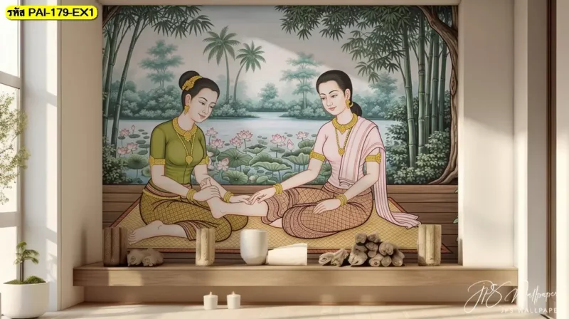 Decorsiam ร้านขายวอลเปเปอร์สำหรับตกแต่งร้านนวด ภาพติดผนังร้านนวดไทยแสดงเอกลักษณ์การนวดแผนไทย เหมาะกับผนังต้อนรับและพื้นที่ให้บริการ