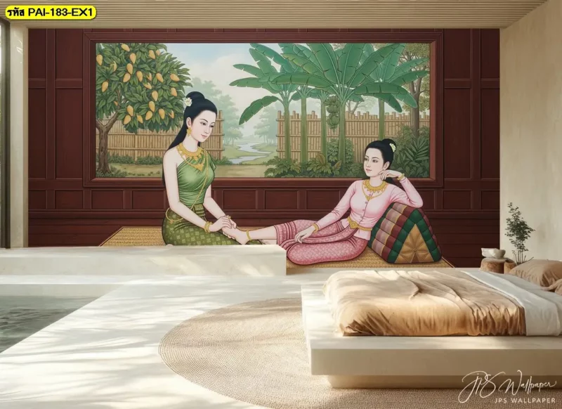 วอลเปเปอร์ท่านวดไทยโบราณ สำหรับผนังร้านสปาที่เน้นศิลปะไทย เลือกแบบจากร้านขายวอลเปเปอร์ Decorsiam ให้เข้ากับเฟอร์นิเจอร์ภายในร้าน