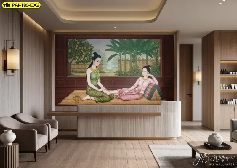 วอลเปเปอร์ท่านวดไทยโบราณ ภาพวาดศิลปะไทยสำหรับร้านนวดและสปา สอบถามบริการจำหน่ายวอลเปเปอร์จาก Decorsiam เพื่อเลือกภาพให้เหมาะกับผนัง