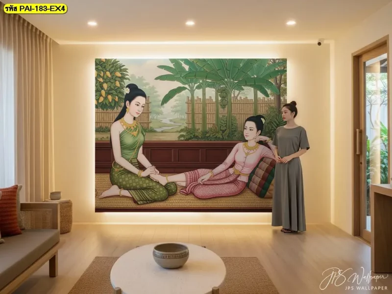 ภาพติดผนังนวดไทย แสดงตัวละครและตำแหน่งมือระหว่างการนวด สำหรับพื้นที่ให้บริการนวดแผนไทย พร้อมบริการรับติดตั้งวอลเปเปอร์จาก Decorsiam