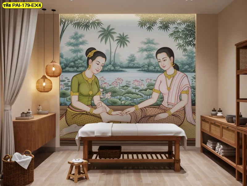 ภาพติดผนังร้านนวดไทย แสดงท่วงท่าการนวดแบบดั้งเดิม เหมาะสำหรับตกแต่งร้านนวดแผนโบราณ เพิ่มรายละเอียดให้ผนังด้วยบริการจาก Decorsiam