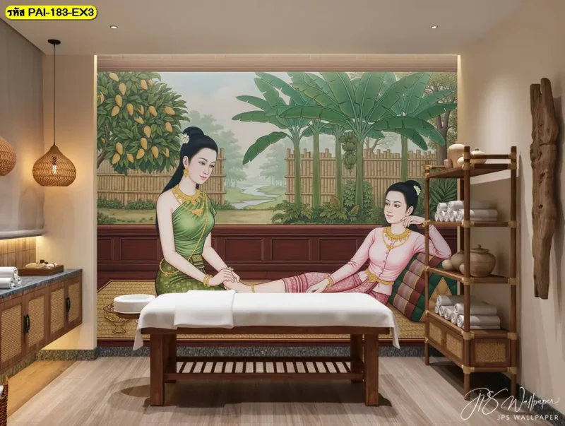 ภาพติดผนังนวดไทย สำหรับตกแต่งผนังด้านหลังเตียงนวด โดยเลือกตำแหน่งตัวละครให้สัมพันธ์กับพื้นที่ พร้อมบริการรับผลิตวอลเปเปอร์จาก Decorsiam
