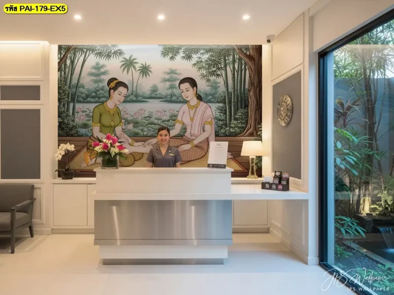 Thai massage wall mural ภาพจิตรกรรมติดผนังเกี่ยวกับการนวดไทย เหมาะสำหรับตกแต่งร้านนวดแผนไทยและร้านสปาที่ต้องการสื่อถึงบริการของ Decorsiam
