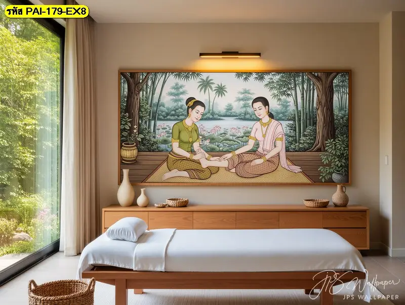ภาพติดผนังร้านนวดไทยสำหรับตกแต่งร้านนวดแผนโบราณ ควรวางตำแหน่งบุคคลและท่าทางการนวดให้เหมาะสมเพื่อหลีกเลี่ยงรอยต่อของภาพ