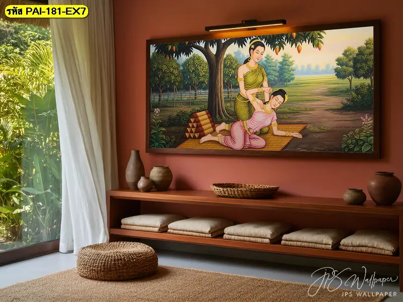 วอลเปเปอร์ร้านนวดไทยที่แสดงภาพบุคคลกำลังนวดแผนไทย เหมาะสำหรับใช้เป็นแนวทางเลือกภาพตกแต่งผนัง โดยคำนึงถึงขนาดและตำแหน่งตัวแบบเป็นหลัก