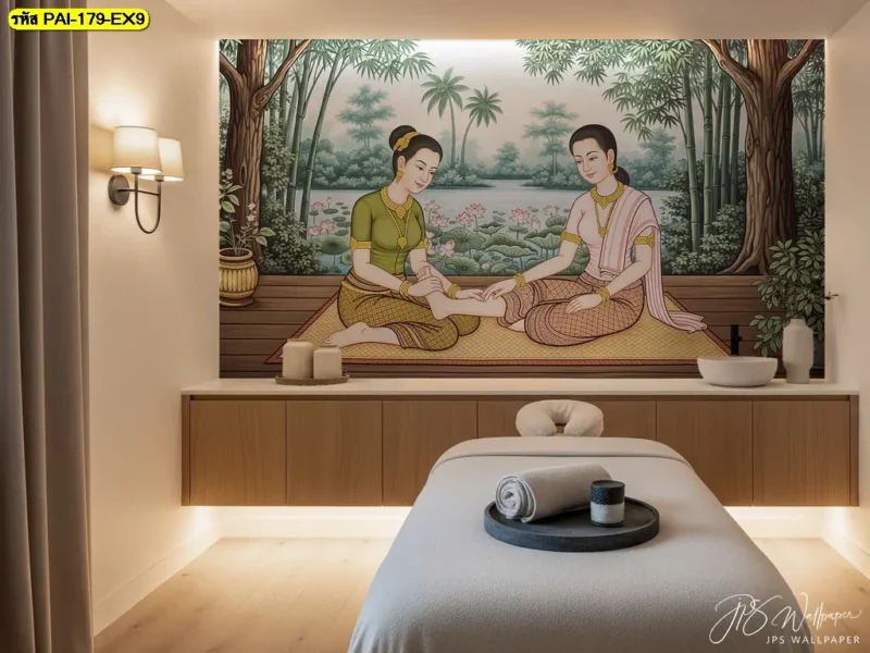 Decorsiam รับผลิตวอลเปเปอร์ลายนวดไทยตามขนาดพื้นที่จริง สำหรับเจ้าของร้านที่ต้องการภาพติดผนังร้านนวดไทยให้เข้ากับขนาดและรูปแบบของร้าน