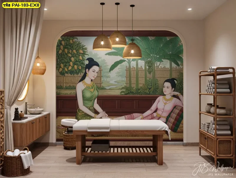 ภาพติดผนังนวดไทย สำหรับผนังบริเวณต้อนรับลูกค้าในร้านสปา สอบถามบริการรับผลิตวอลเปเปอร์และติดตั้งจาก Decorsiam ตามแบบที่เลือก