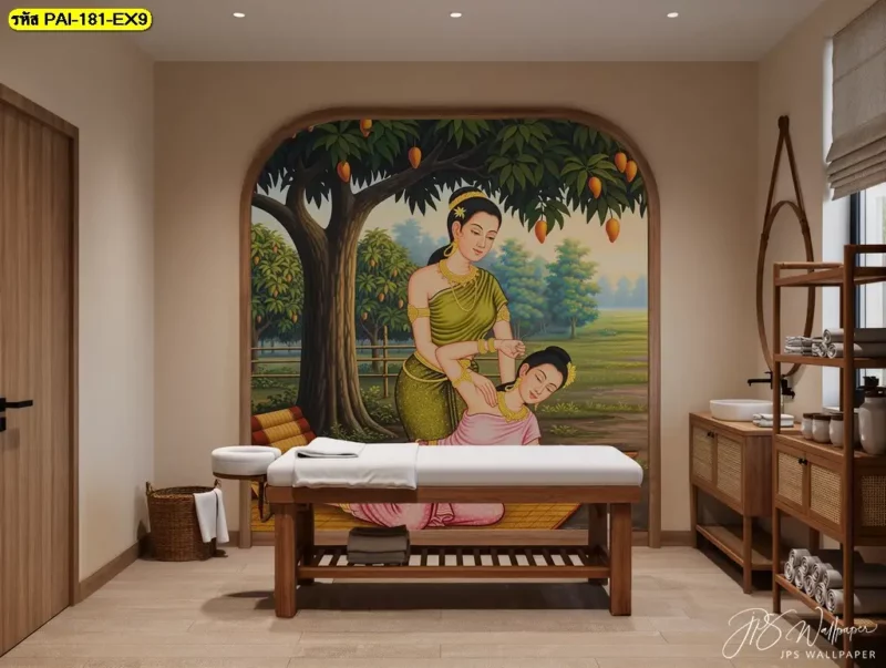 Thai spa wall mural ภาพตกแต่งผนังร้านสปาที่มีรายละเอียดเกี่ยวกับการนวดไทย ใช้ประกอบการออกแบบพื้นที่ให้มีแนวทางเดียวกับบริการของร้าน